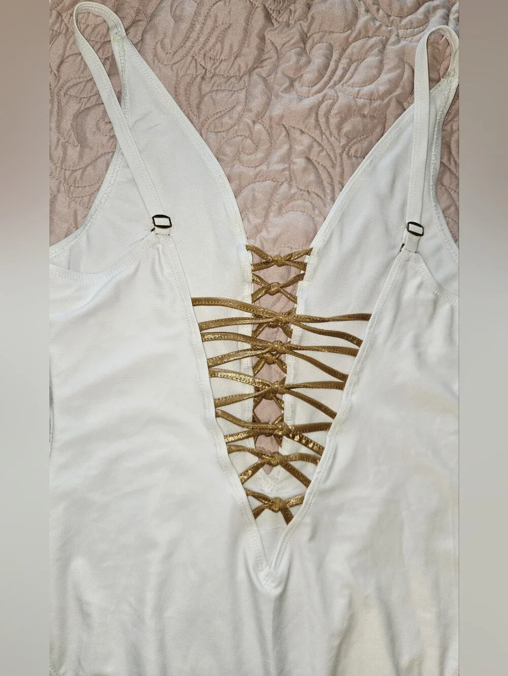 White Plunge One-Piece Swimsuit with Golden Lace-Up